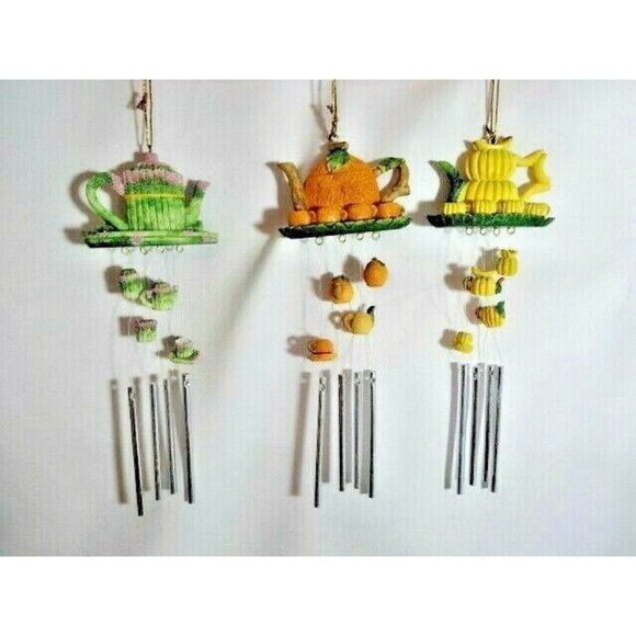 Teapot Fruit Vegetable Wind Chimes 3-Piece Banana Asparagus Orange Cups Saucers - Picture 2 of 6